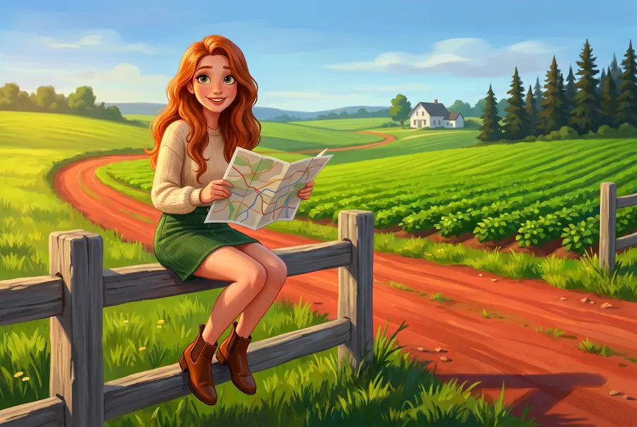 Drawn picture: the guide's character sits on a split-rail fence beside a red dirt road through green potato fields, a paper map open on her lap.