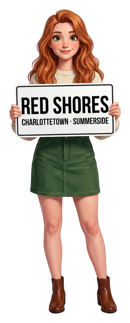 Image dessinée : le personnage du guide, une jeune femme aux longs cheveux roux cuivré, en haut tricoté crème et minijupe en velours côtelé vert, tient un tableau blanc où on lit Red Shores, Charlottetown, Summerside.
