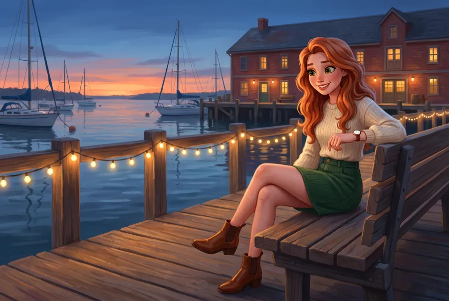 Drawn picture: the guide's character sits on a bench on a harbour boardwalk at dusk, string lights along the rail and sailboats on the water, glancing at her wristwatch.