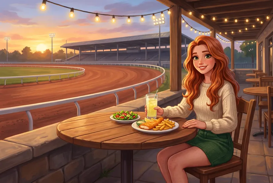 Drawn picture: the guide's character sits at a patio table beside a dirt racing oval at dusk, under string lights, with a plate of fish and chips and a glass of lemonade.